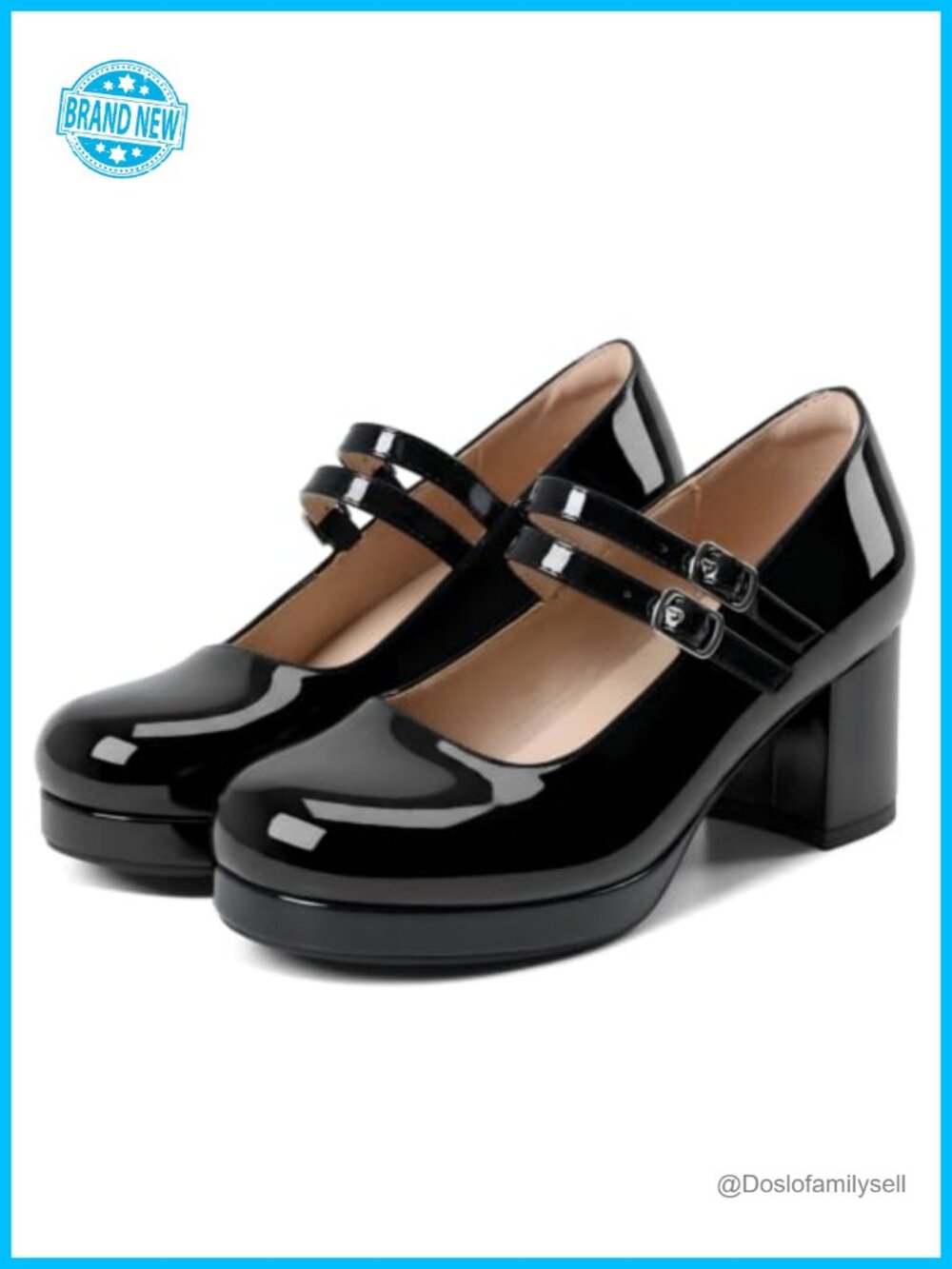 Mary Jane Pumps Double Strap Chunky Block Heel Closed Round Toe Faux Leather